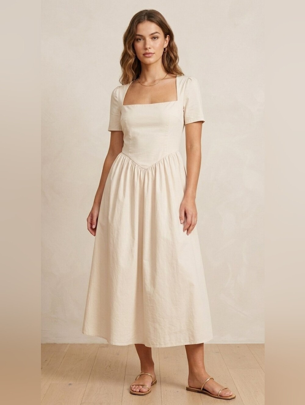 NWT CHYRII Cream Square-Neck Midi Dress ✨